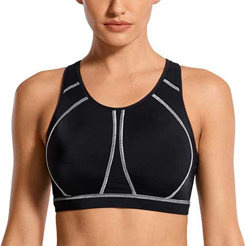 SYROKAN Women's High Neck High Impact Racerback Wirefree Full Coverage Padded Supportive Sports Bra No Bounce Sports Bra For Large Bust